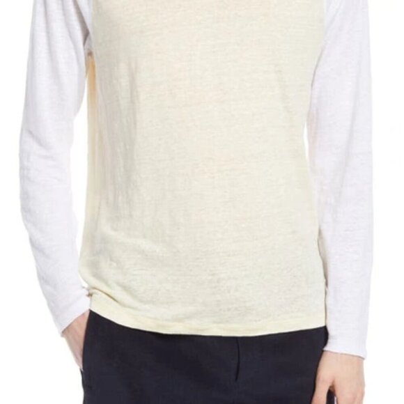 VINCE Men's Linen Baseball Crewneck T-shirt In Optic White/ Malt Size M - Picture 2 of 12